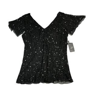 ADRIANNA PAPELL Blk Sequin Blouse Wmn XL V-Neck Flutter Sleeve Party Formal $129